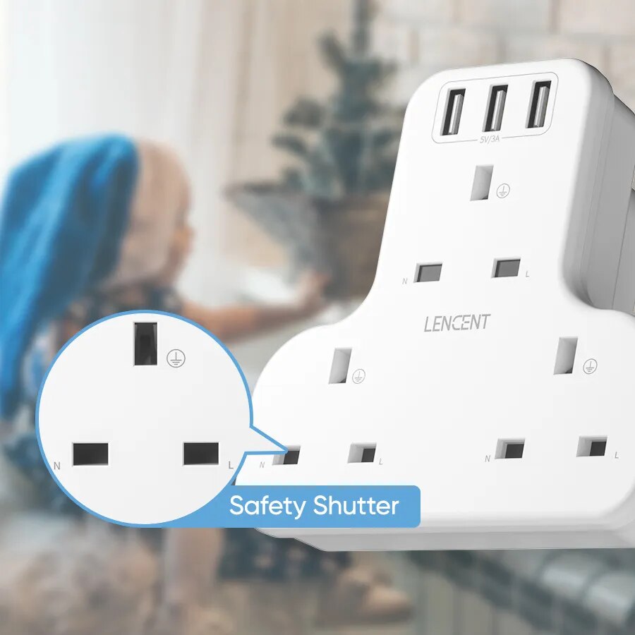Lencent UK 6-in-1 Extension Plug With 3 USB Port Hubs - Travelupic