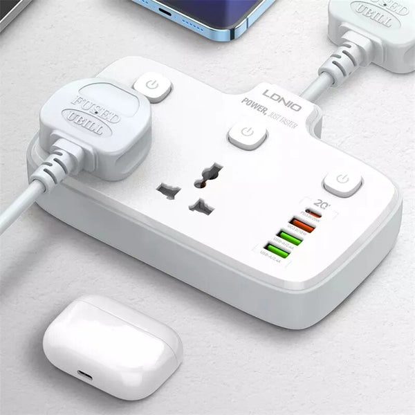 LDNIO Premium Power Strip | PD+QC3.0 Fast Charging, 2 Outlets, 1 USB-C, 3 USB Ports | Worldwide Compatible - Travelupic