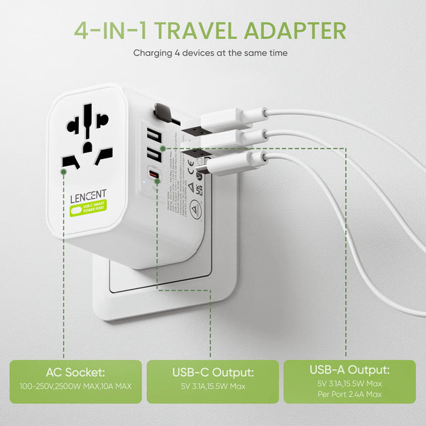 Lencent Universal AC Adapter With 1 USB-C And 2 USB Ports | Power Plug Converter (White) - Travelupic