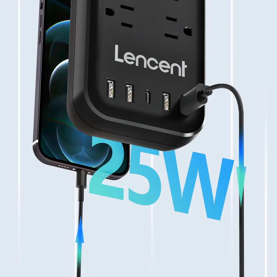 Lencent 17-in-1 US 2M Multi Plug Extension Cord With 1 USB-C And 4 USB Ports | Power Plug Converter (Black) - Travelupic