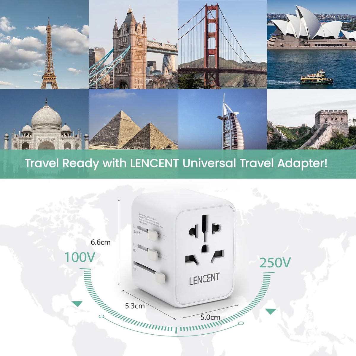 Lencent Universal Power Adapter With 2 USB Ports | Power Plug Converter (White) - Travelupic