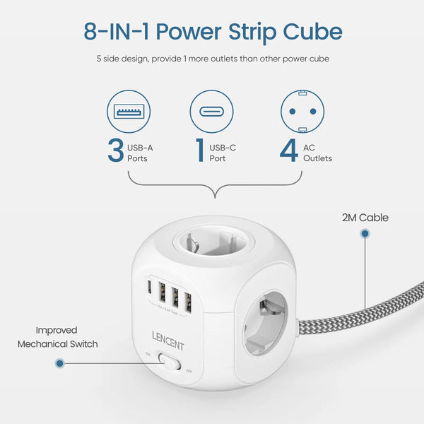 Lencent 8-in-1 EU 2M Braided Multi Plug Extension Cord With 1 USB-C And 3 USB Ports | Power Plug Converter (White) - Travelupic