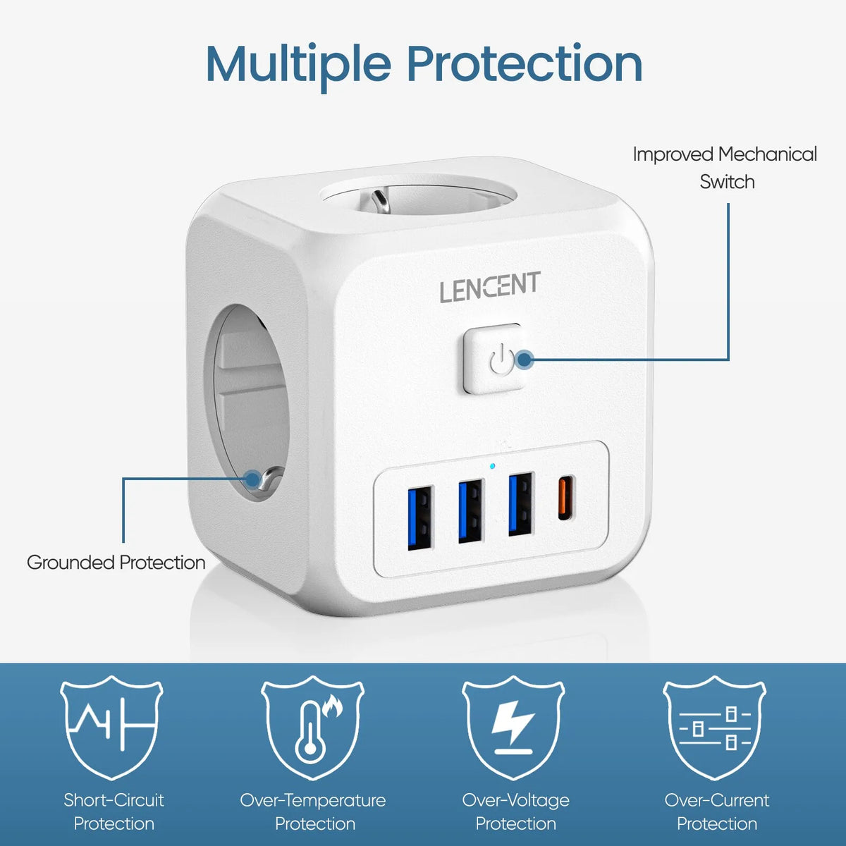 Lencent Premium European 7-in-1 Power Adapter With 3 Socket Outlets, USB-C, USB Ports | EU Travel Charger - Travelupic