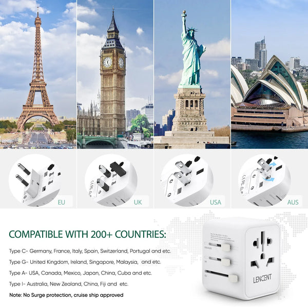 Lencent Universal Power Adapter With 2 USB Ports | Power Plug Converter (White) - Travelupic