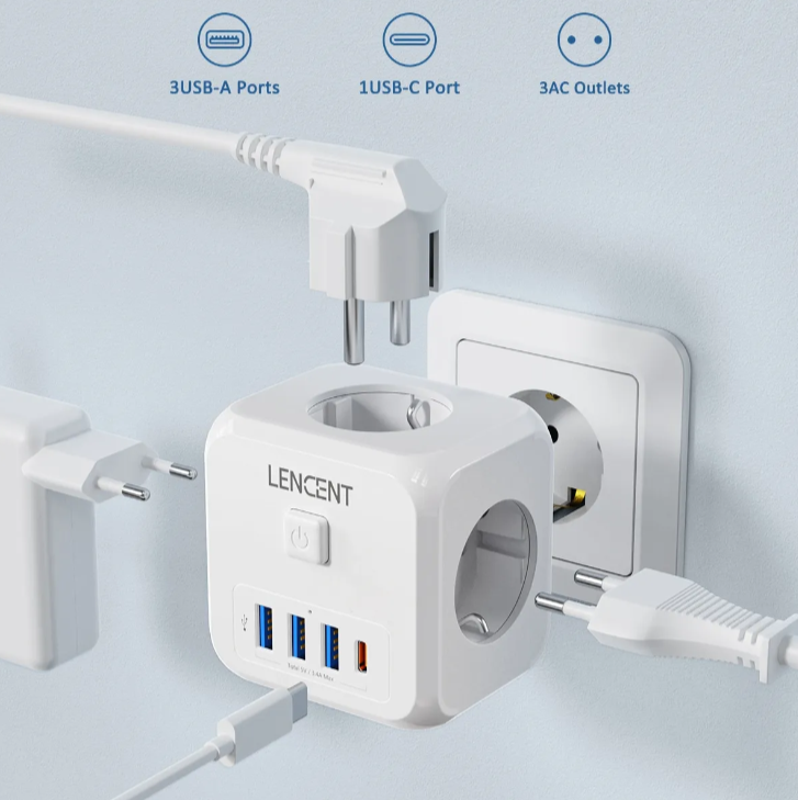 Lencent Premium European 7-in-1 Power Adapter With 3 Socket Outlets, USB-C, USB Ports | EU Travel Charger - Travelupic