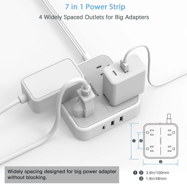 Tessan 7-in-1 US 3M Multi Plug Extension Cord With 1 USB-C And 2 USB Ports | Power Plug Converter (Grey) - Travelupic