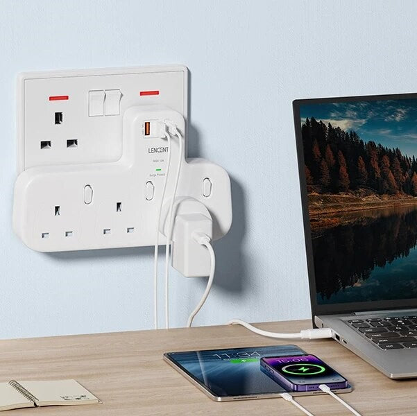 Lencent Versatile UK 6-in-1 Power Extension Hub With USB-C And Dual USB Ports | Ultimate Plug Technology - Travelupic