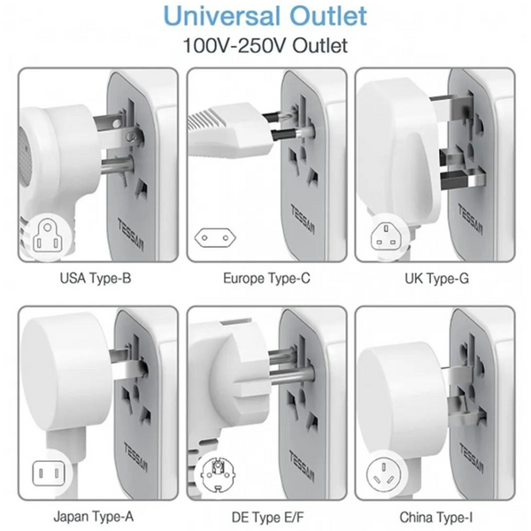 Tessan Universal Power Adapter With 4 USB Ports | Power Plug Converter (Grey) - Travelupic