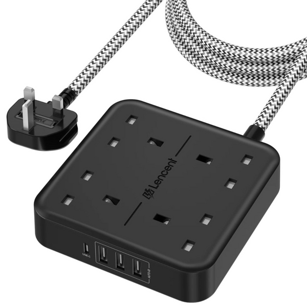 Lencent 8-in-1 UK 1.8M Braided Multi Plug Extension Cord With 1 USB-C And 3 USB Ports | Power Plug Converter (Black) - Travelupic