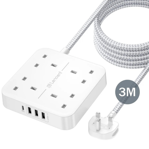 Lencent 8-in-1 UK 3M Braided Multi Plug Extension Cord With 1 USB-C And 3 USB Ports | Power Plug Converter (White) - Travelupic