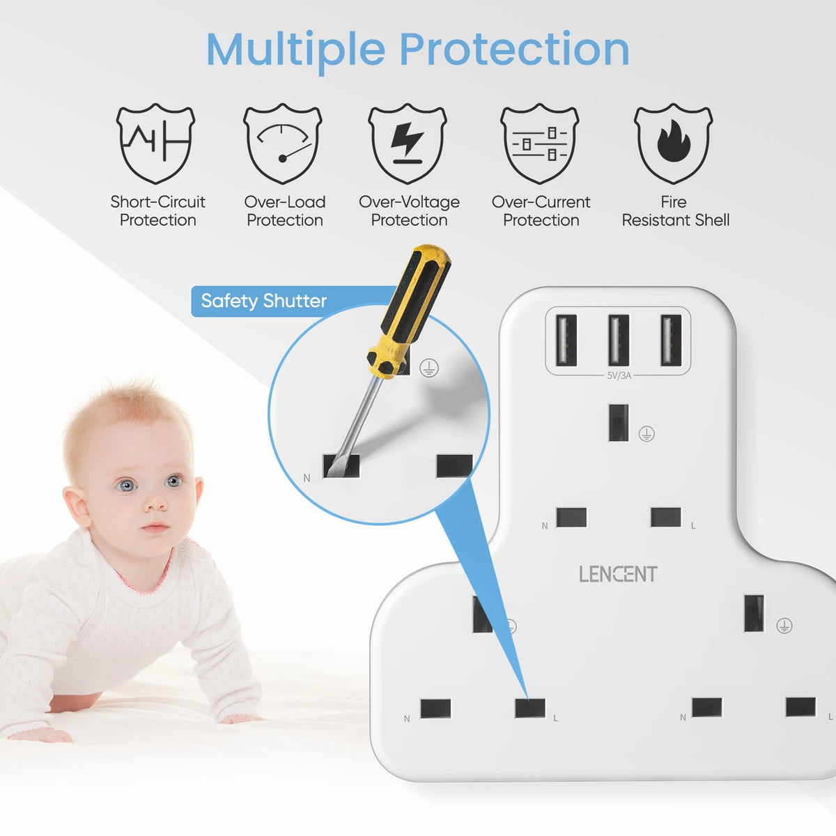Lencent UK 6-in-1 Extension Plug With 3 USB Port Hubs - Travelupic