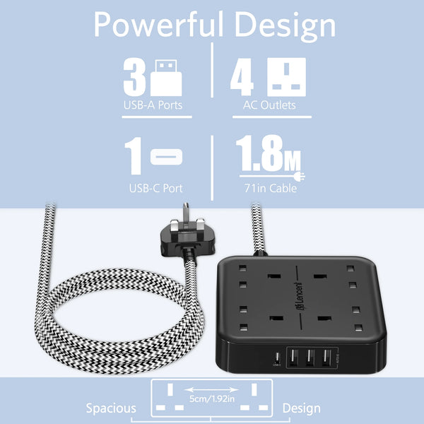 Lencent 8-in-1 UK 1.8M Braided Multi Plug Extension Cord With 1 USB-C And 3 USB Ports | Power Plug Converter (Black) - Travelupic