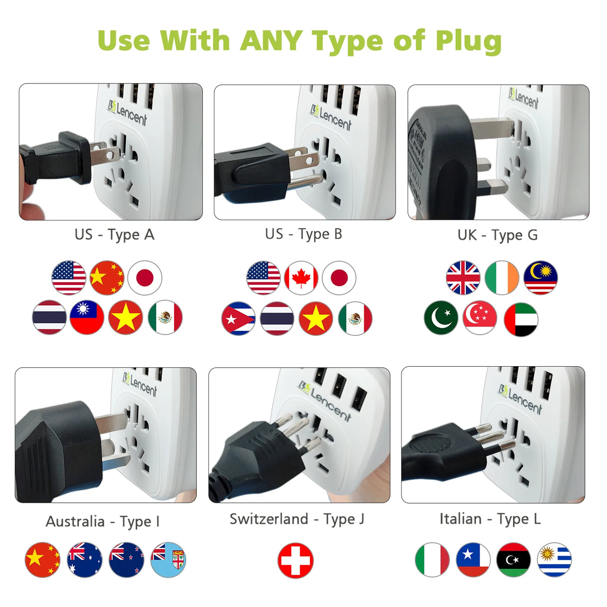Lencent 5-in-1 EU To Universal Plug Adapter With 1 USB-C Port And 3 USB Ports | Power Plug Converter (White) - Travelupic