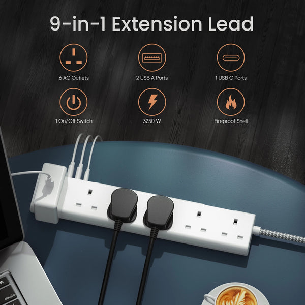 Lencent 9-in-1 UK 3M Braided Multi Plug Extension Cord With 1 USB-C And 2 USB Ports | Power Plug Converter (White) - Travelupic