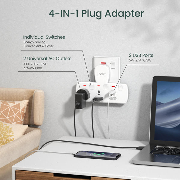 Lencent 4-in-1 UK To Universal Multi Plug Outlet Strip With 2 USB Ports | Power Plug Converter (White) - Travelupic