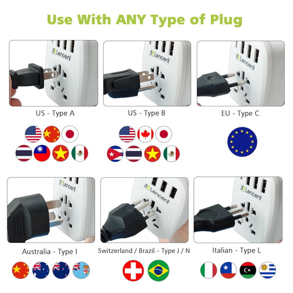 Lencent 5-in-1 UK To Universal Plug Adapter With 1 USB-C Port And 3 USB Ports | Power Plug Converter (White) - Travelupic
