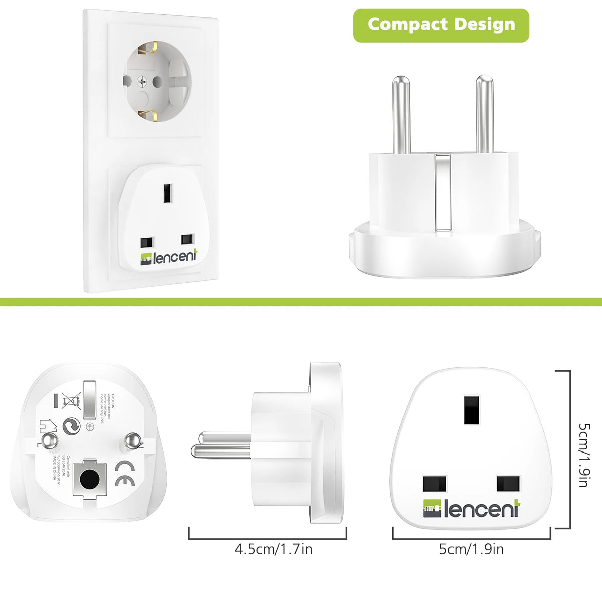 Lencent EU To UK Plug Adapter | Power Plug Converter (White) - Travelupic