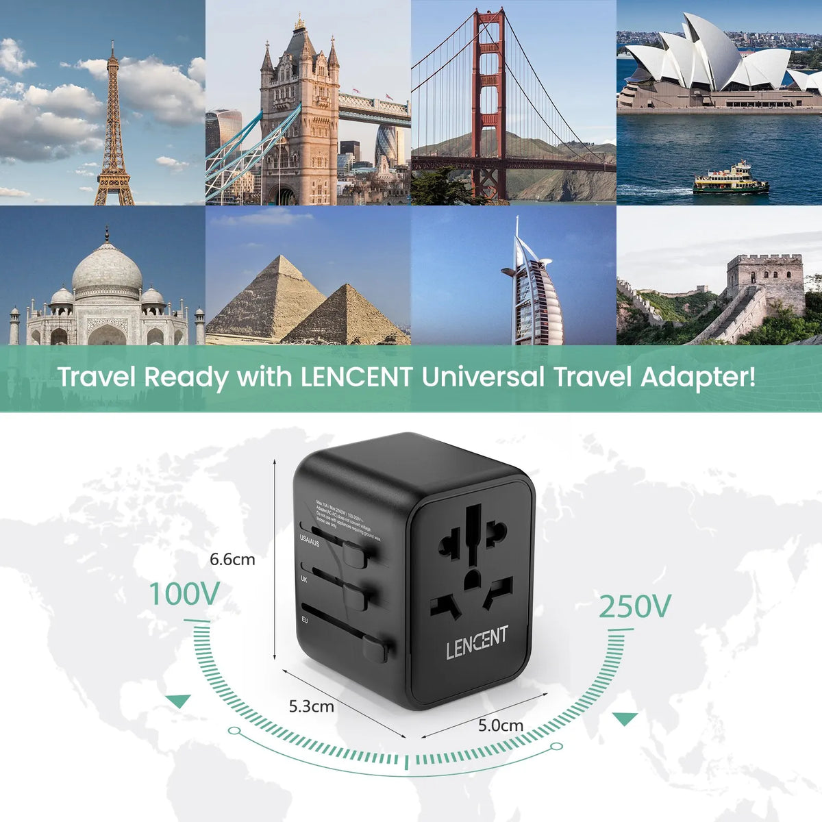 Lencent Universal Power Adapter With 2 USB Ports | Power Plug Converter (Black) - Travelupic