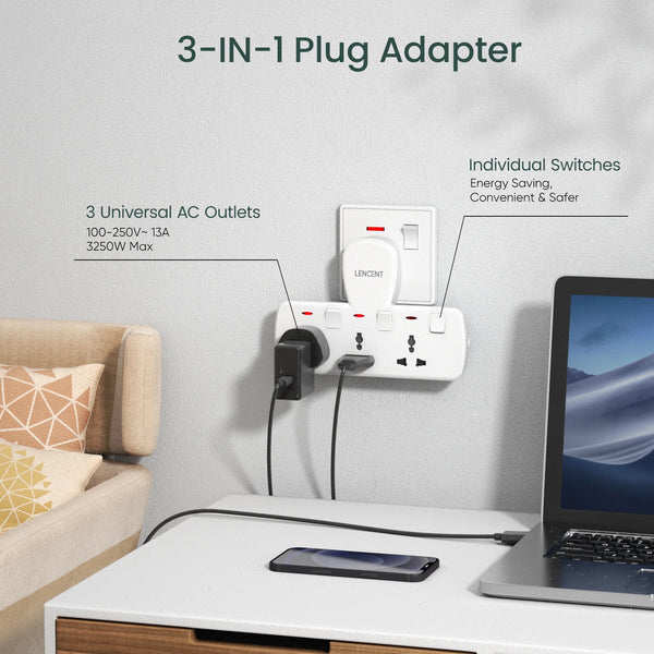Lencent 3-in-1 UK To Universal Multi Plug Outlet Strip | Power Plug Converter (White) - Travelupic