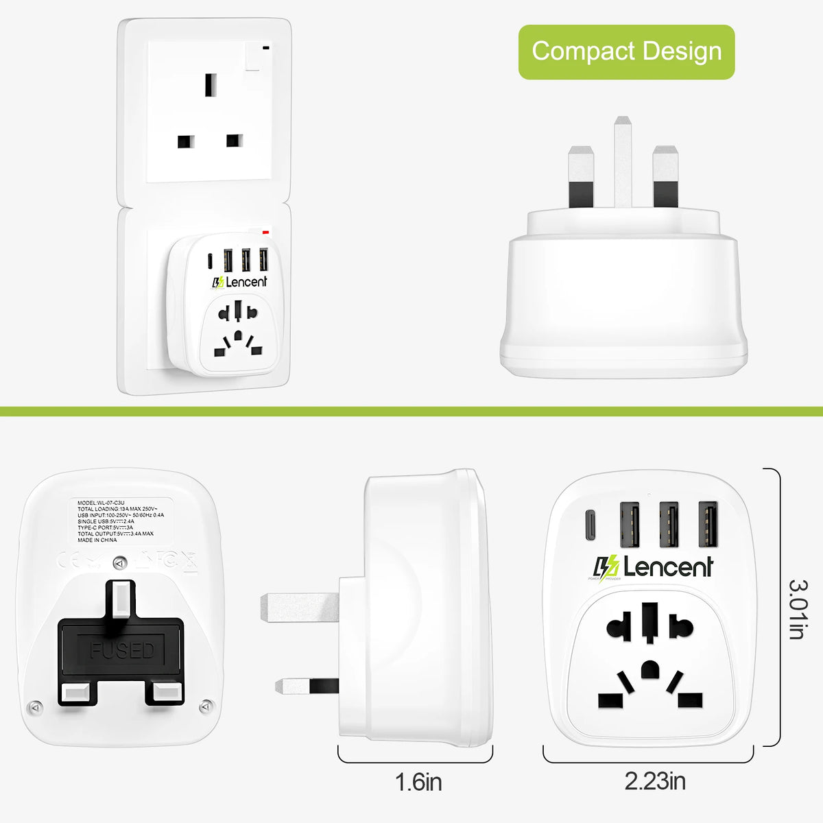 Lencent 5-in-1 UK To Universal Plug Adapter With 1 USB-C Port And 3 USB Ports | Power Plug Converter (White) - Travelupic