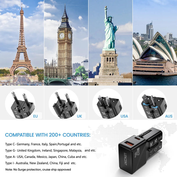 LENCENT International  Travel Adapter Power Adapter with1 USB QC 3.0 Port and 1 PD 20W Fast Charger for US EU UK AUS Travel - Travelupic