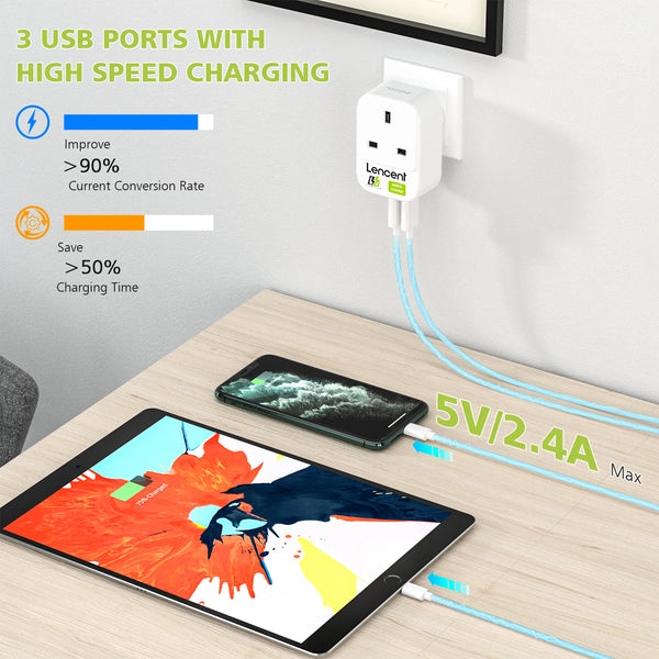 Lencent 4-in-1 UK Plug Adapter With 3 USB Ports | Power Plug Converter (White) - Travelupic