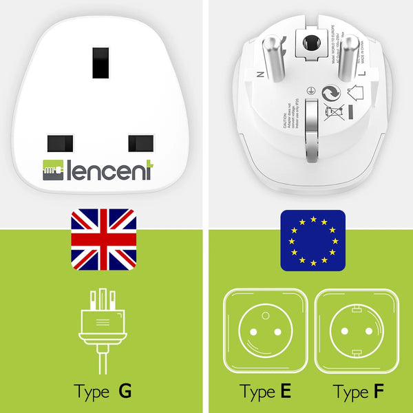 Lencent EU To UK Plug Adapter | Power Plug Converter (White) - Travelupic