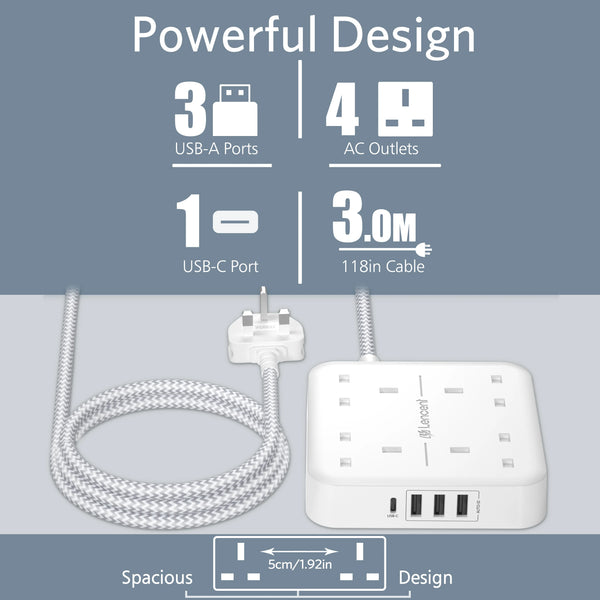 Lencent 8-in-1 UK 3M Braided Multi Plug Extension Cord With 1 USB-C And 3 USB Ports | Power Plug Converter (White) - Travelupic