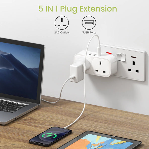 Lencent 5-in-1 UK Multi Plug With 3 USB Ports | Power Plug Converter (White) - Travelupic