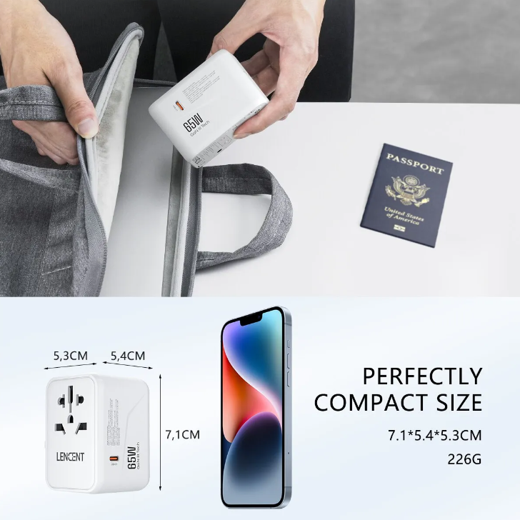 Lencent 65W Universal Power Adapter With 3 USB-C And 2 USB Ports | Power Plug Converter (White) - Travelupic