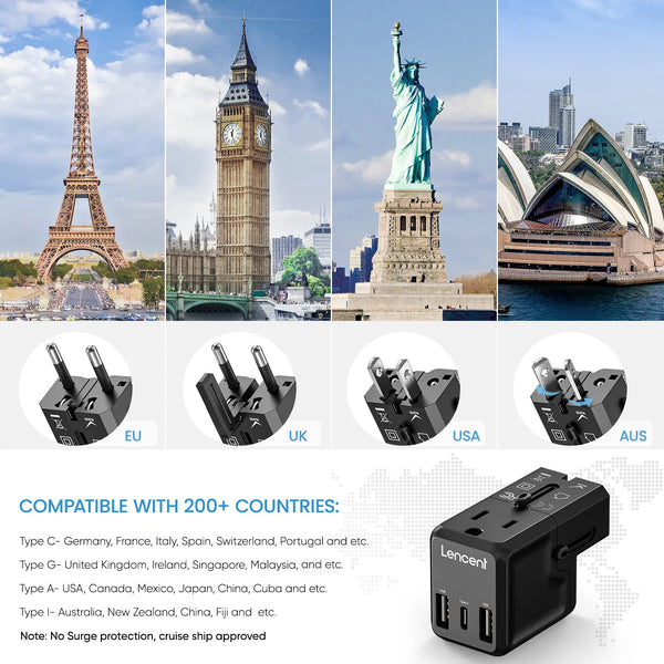 LENCENT Travel Adapter Universal Adapter All-in-one with 1 AC Outlet 2 USB Ports and 1 Type C Wall Charger for US EU UK AUS - Travelupic