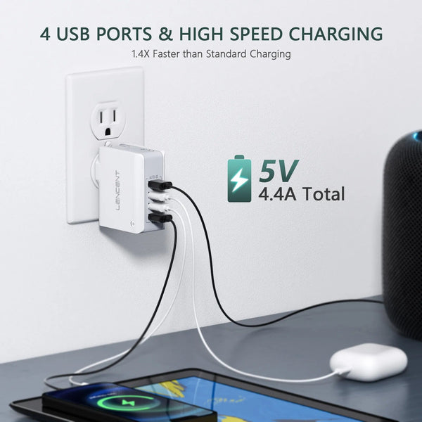 Lencent 4-in-1 Universal 4-Port USB Wall Charger For International Travel And US, UK, EU, AUS Compatible | Fast Charging And Compact Design - Travelupic