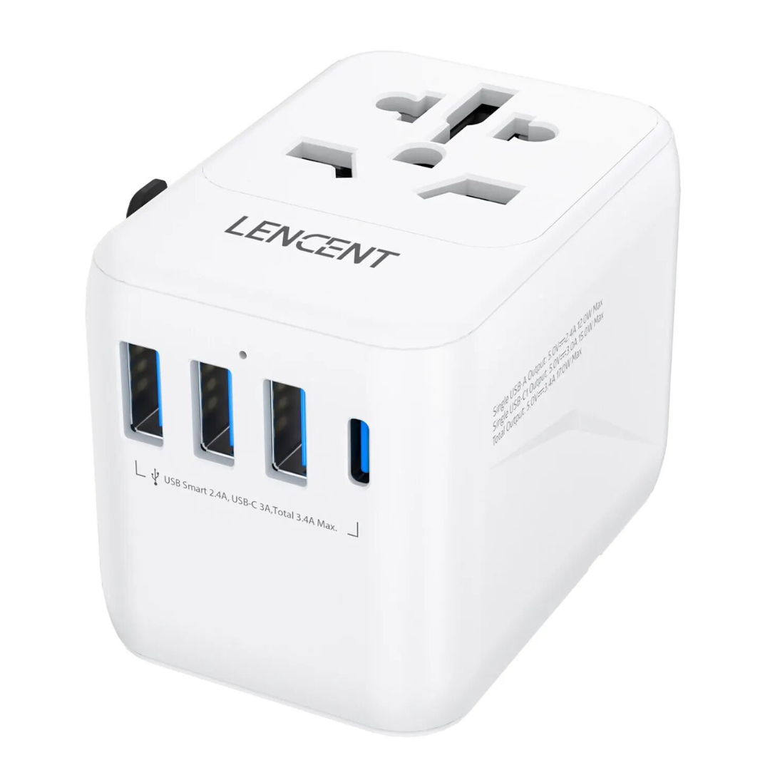 Lencent Universal Power Adapter With 1 USB-C And 3 USB Ports | Power Plug Converter (White) - Travelupic