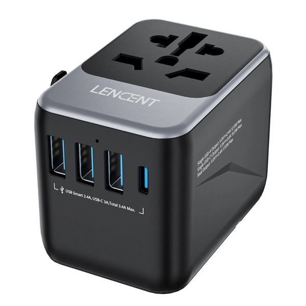 Lencent Universal Power Adapter With 1 USB-C And 3 USB Ports | Power Plug Converter (Grey) - Travelupic