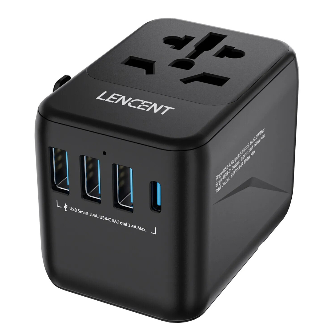 Lencent Universal Power Adapter With 1 USB-C And 3 USB Ports | Power Plug Converter (Black) - Travelupic