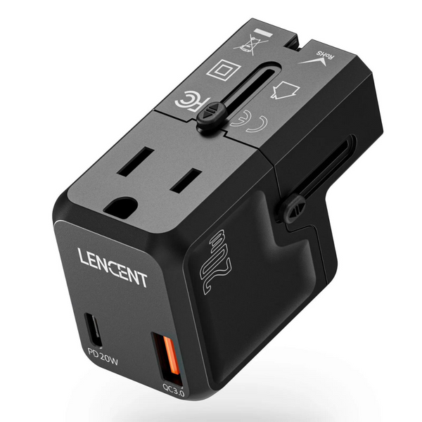 Lencent 20W Universal Power Adapter With 1 USB-C And 1 USB Port | Power Plug Converter (Black) - Travelupic