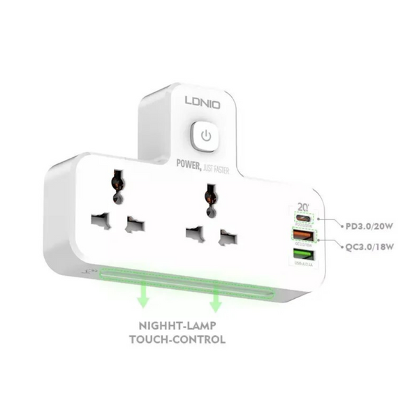LDNIO 5-in-1 Universal Multi Plug Outlet Strip With 1 USB-C, 2 USB Ports And LED Light | Power Plug Converter (White) - Travelupic