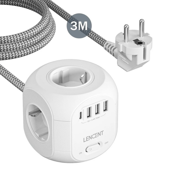Lencent 8-in-1 EU 3M Braided Multi Plug Extension Cord With 1 USB-C And 3 USB Ports | Power Plug Converter (White) - Travelupic